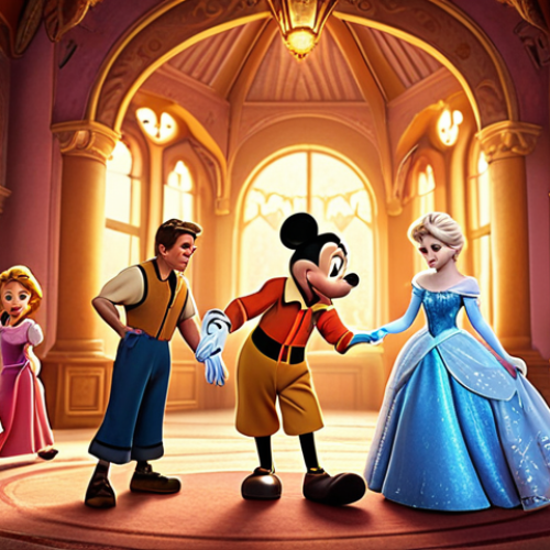 Home 11 **
"Classic Disney animation style. A group of beloved Disney characters, including Mickey Mouse, Cinderella, Simba, and Elsa, gathered together in a magical, nostalgic setting. Warm colors, evoking childhood memories and timeless appeal. Focus on friendship, joy, and wonder."
**