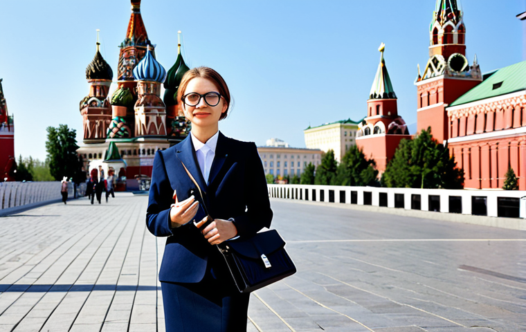 **

A professional businesswoman in Moscow, wearing a stylish, fully clothed business suit and glasses, standing in front of St. Basil's Cathedral.  She is holding a briefcase.  The scene is bright and sunny.  Safe for work, appropriate content, fully clothed, professional, perfect anatomy, correct proportions, natural pose, well-formed hands, proper finger count, natural body proportions, high quality, professional photography.

**