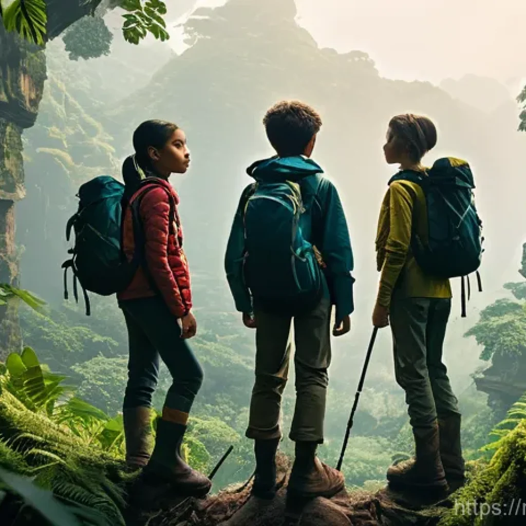애니메이션 장면 속 캐릭터 - **Adventure Genre Prompt:**
    A dynamic, wide-angle shot of a diverse group of four young adventur...