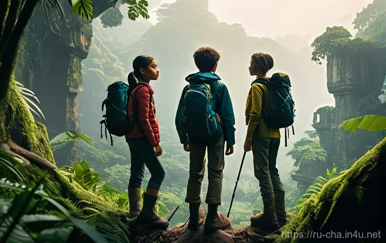 애니메이션 장면 속 캐릭터 - **Adventure Genre Prompt:**
A dynamic, wide-angle shot of a diverse group of four young adventur...