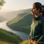 Home 14 픽사의 캐릭터 스토리텔링 - A determined young female adventurer, around 20 years old, stands at the edge of a majestic, verdant...