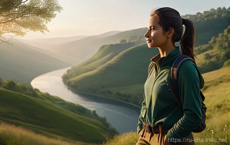 픽사의 캐릭터 스토리텔링 - A determined young female adventurer, around 20 years old, stands at the edge of a majestic, verdant...