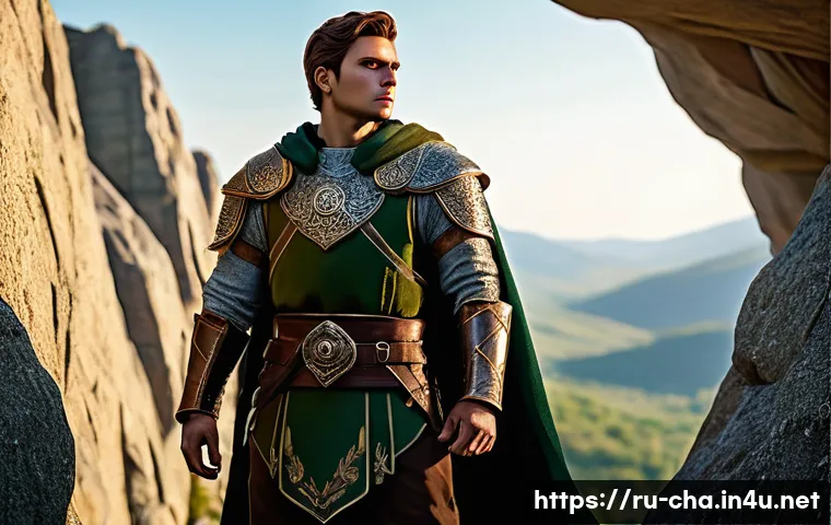 유명 캐릭터 제작 비하인드 - **Prompt: Valiant Hero in a Folkloric Landscape**
A valiant young hero, reminiscent of classic R...