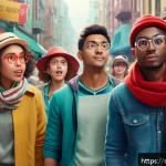 웹툰 배경 캐릭터 제작 - A lively urban street scene in a pastel-toned city background, featuring a diverse group of secondar...
