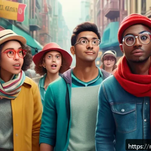 웹툰 배경 캐릭터 제작 - A lively urban street scene in a pastel-toned city background, featuring a diverse group of secondar...