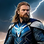 마블 히어로 기원 이야기 - A highly detailed portrait of a modern Marvel superhero inspired by Norse mythology, wearing an intr...